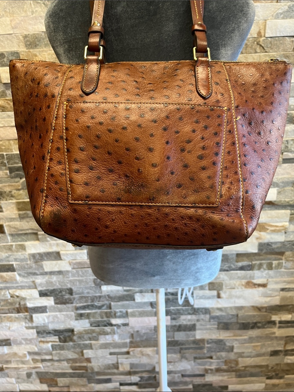 Dooney & Bourke Brown Ostrich-Embossed Leather Tote with Tassel - Picture 5 of 16